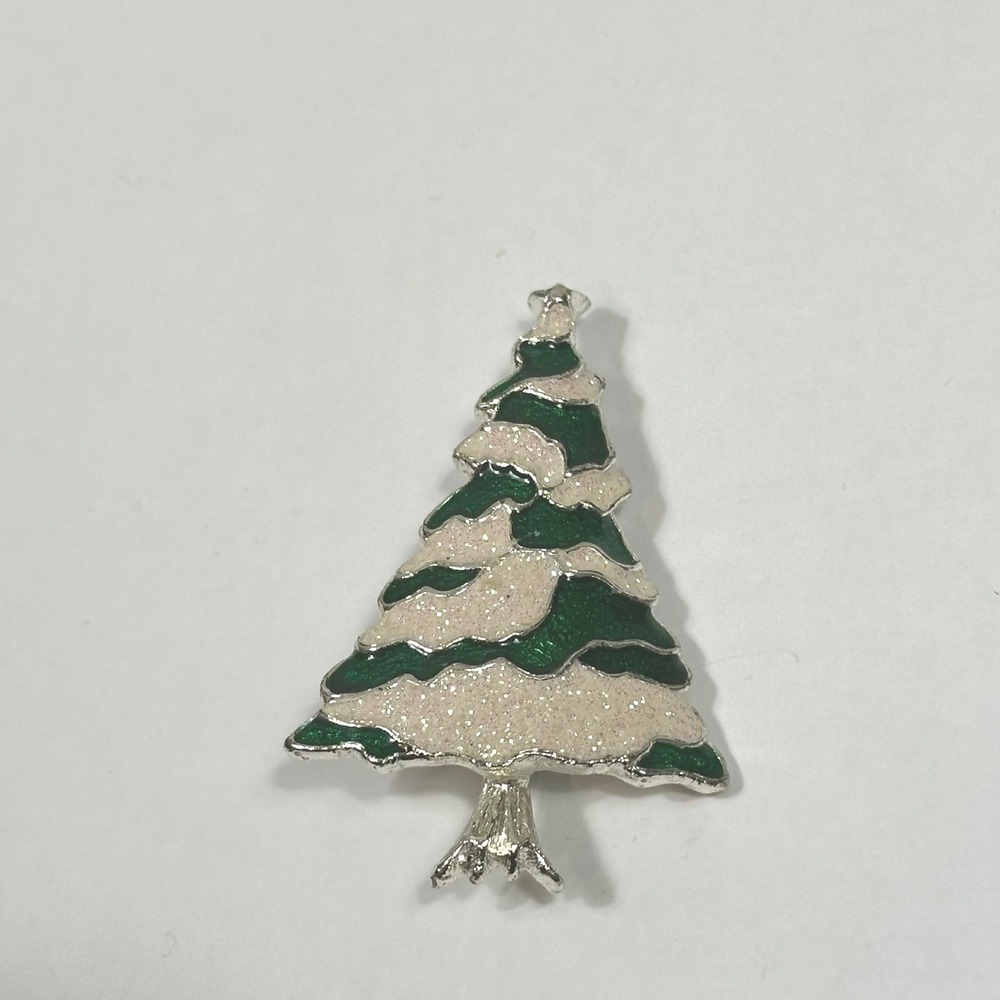 Vintage‎ Sparkly Green White Christmas Tree Enamel Pin Brooch Holiday Jewelry